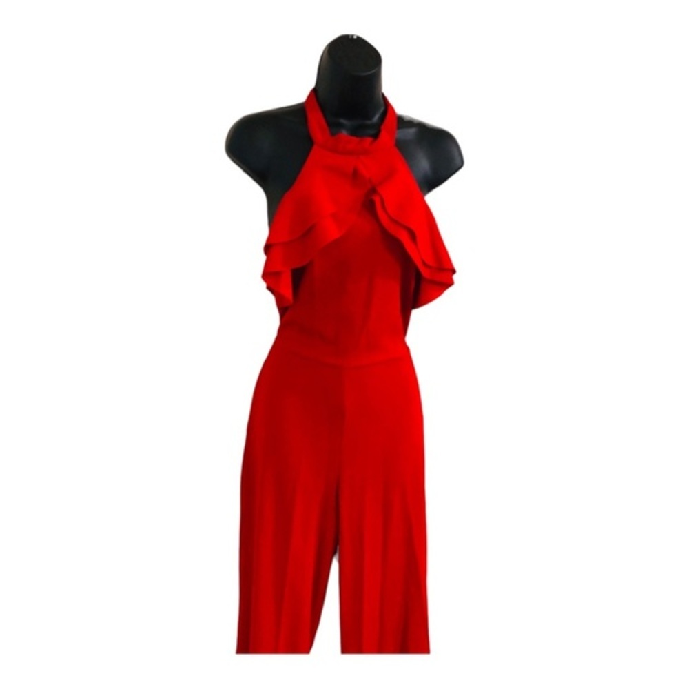 Bebe red Ruffle front belted sleeveless open back‎ Halter Jumpsuit size 2 new - Picture 5 of 15